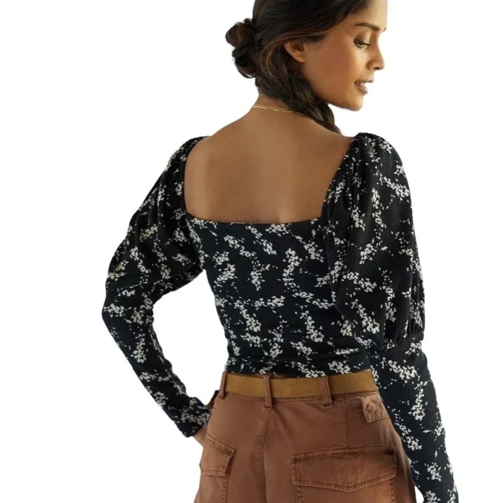 Anthropologie Black Floral Sweetheart Puff Sleeve Smocked Top Large NWT